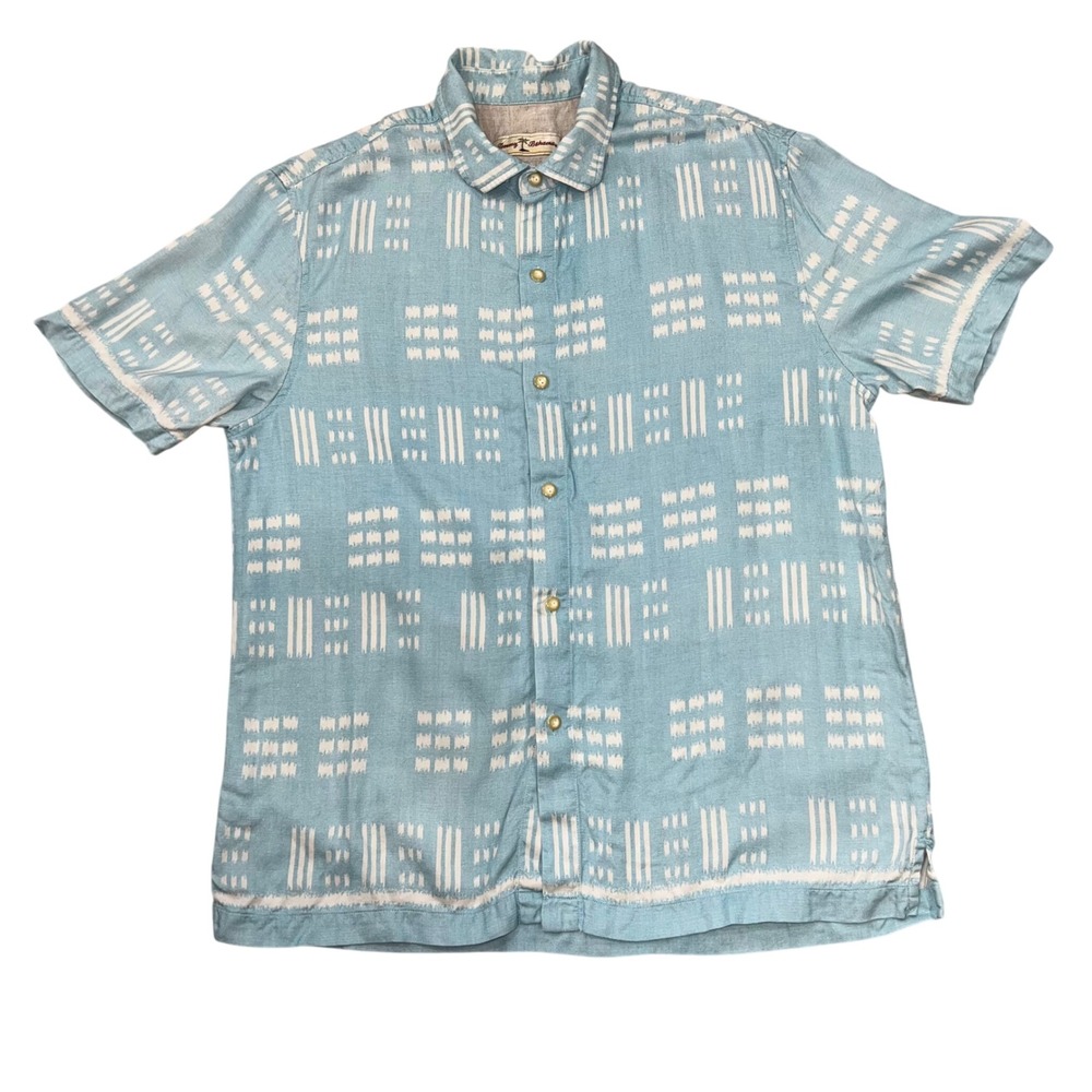 Tommy Bahama Silk Rayon Blend Pastel Blue Short Sleeve Button‎ Down Shirt Sz L